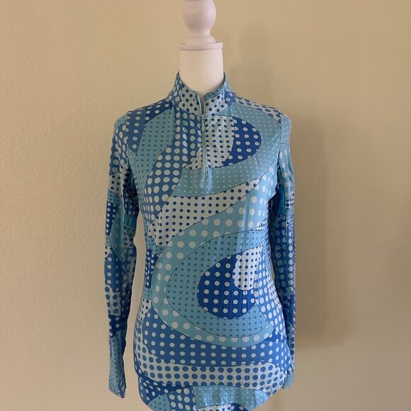 IBKUL Golf Shirt 1/4 Zip Dot Circle Pattern Blue Ladies Long Sleeve 50+ UPF SZXS - Picture 1 of 9